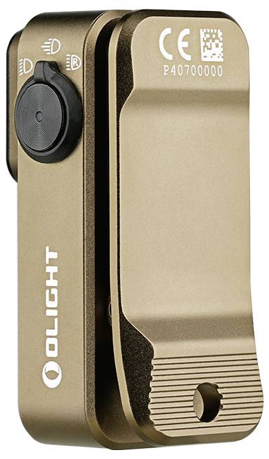 Een compacte, bronzekleurige zaklamp met clip, voorzien van bedieningsknoppen en de merknaam 'OLIGHT' afgedrukt op de zijkant.