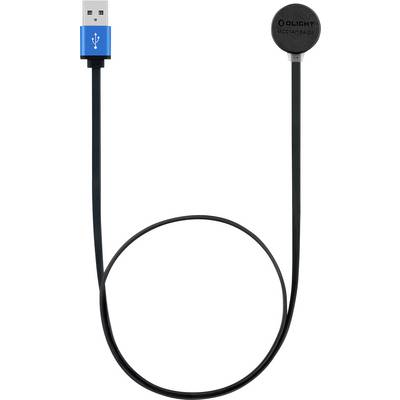 Een magnetische USB-oplaadkabel met een blauwe USB-A-connector aan het ene uiteinde en een ronde magnetische kop aan het andere uiteinde.