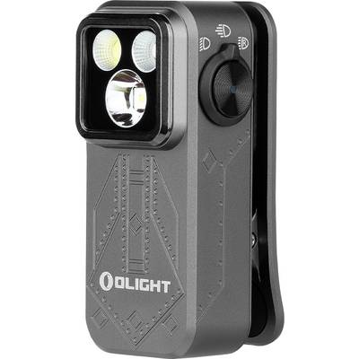 Een kleine, rechthoekige, zwarte zaklamp met dubbele LED-lampen, zijschakelaar en clip, met het merk 'OLIGHT' op de voorkant.