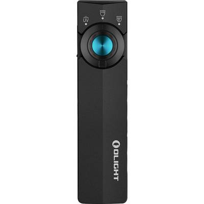 Een zwarte, rechthoekige zaklamp met een turquoise knop in het midden en drie pictogrammen bovenop voor verschillende lichtmodi.