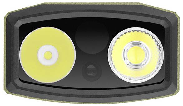 Een rechthoekige zaklampkop met twee ronde LED-lampen. Het linker licht is effen geel, en het rechter licht heeft een oppervlak met textuur en reflecterende eigenschappen.