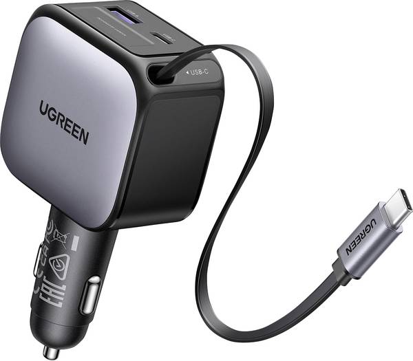 UGREEN EC603 90W Car Charger Autolader 90 W 2x USB-C, 1x USB-A  Grijs Auto, Vrachtwagen Opwikkelbare USB-C-kabel