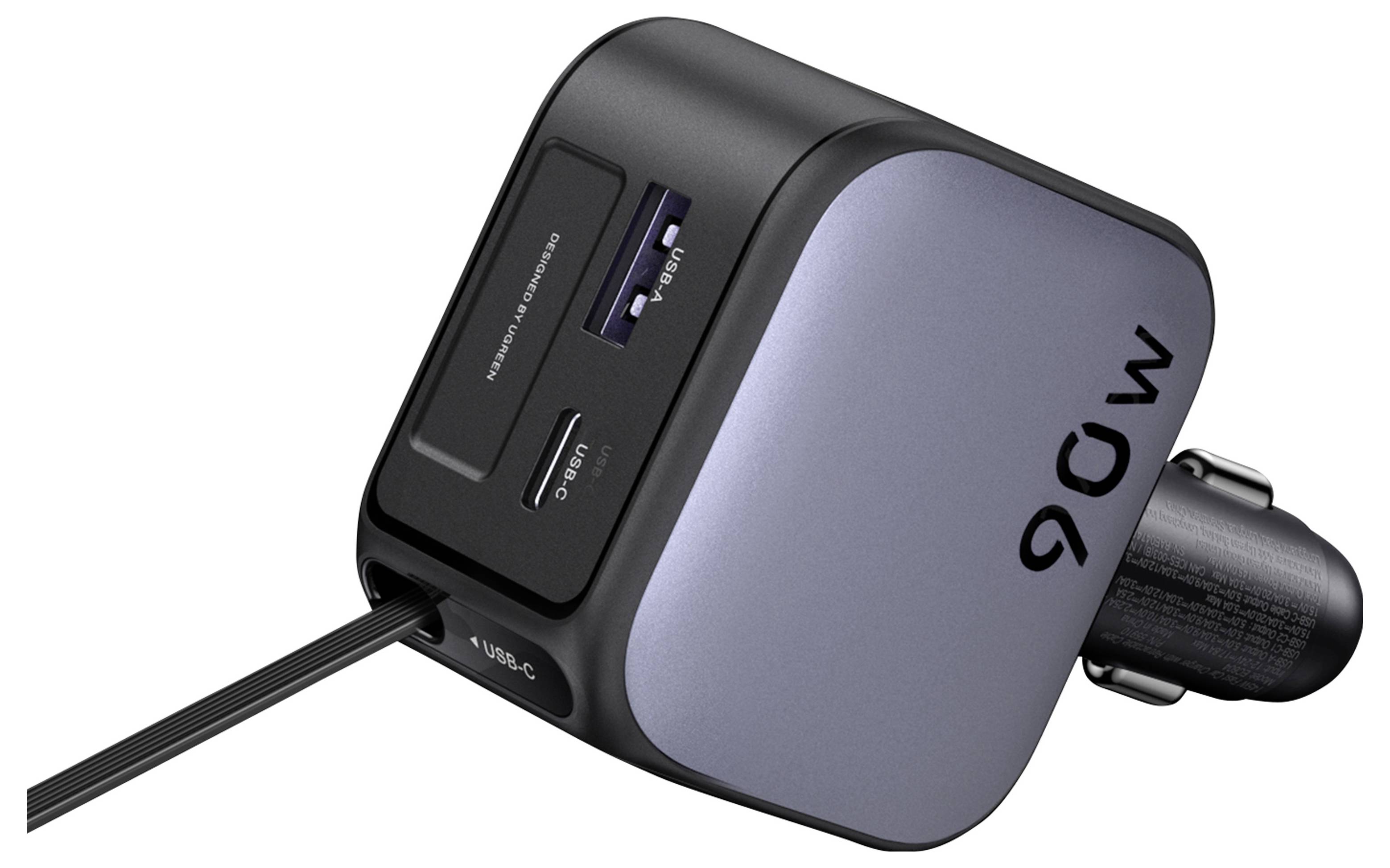 UGREEN EC603 90W Car Charger Autolader 90 W 2x USB-C, 1x USB-A Grijs Auto, Vrachtwagen Opwikkelbare USB-C-kabel-2