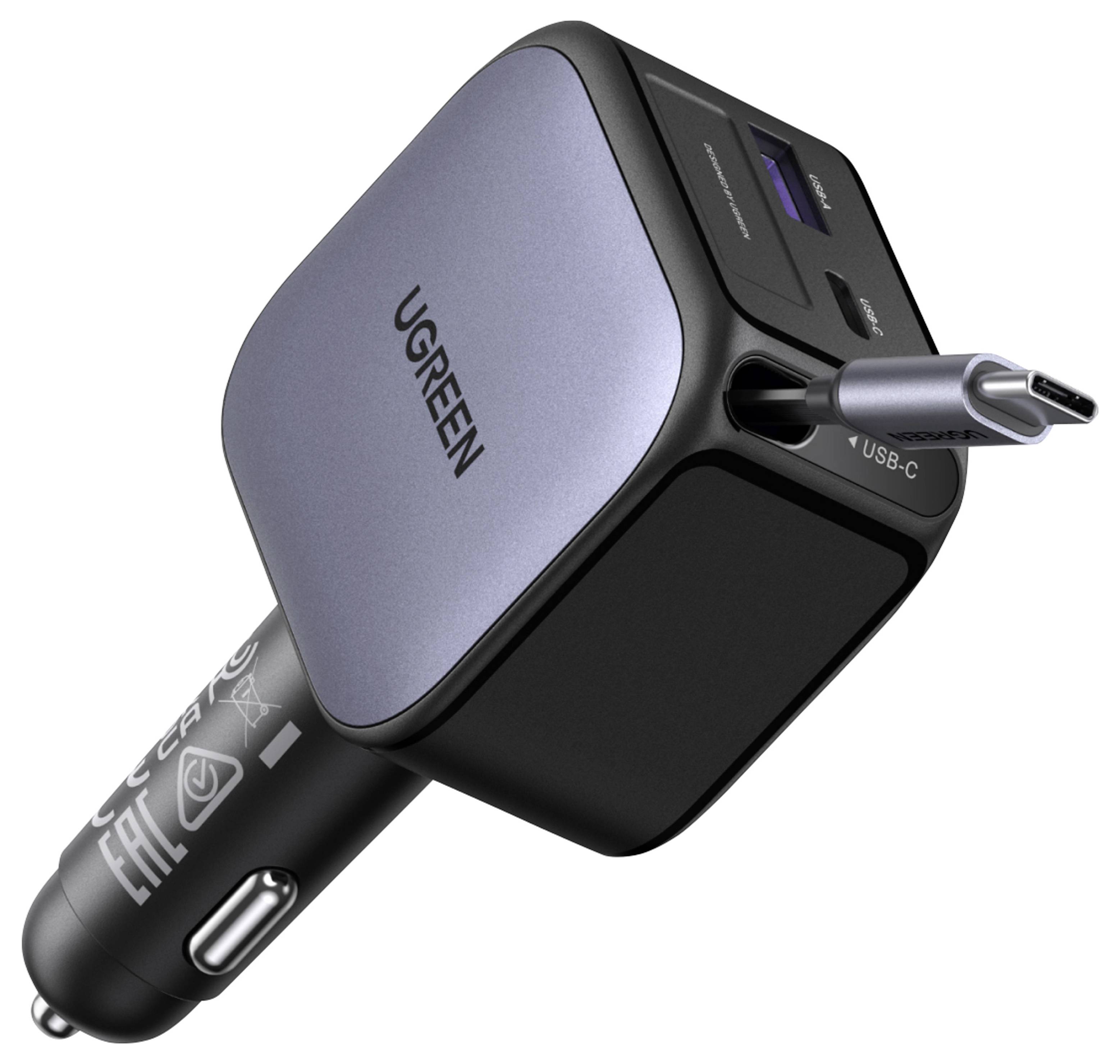 UGREEN autolader adapter met USB-C-stekker, dubbele laadpoorten en een compact zwart-zilverkleurig vierkant ontwerp.