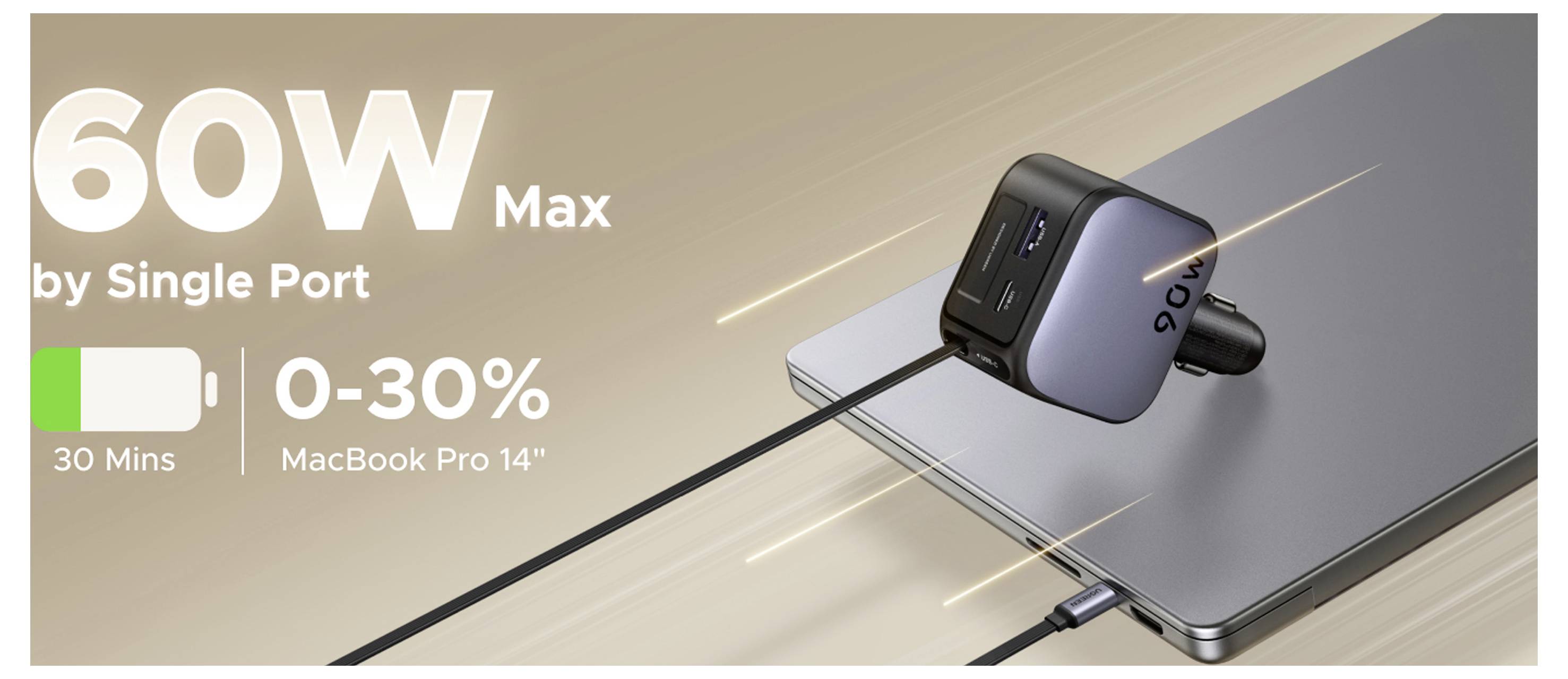 Promotioneel grafisch materiaal met een 60W max single-port oplader met 0-30% in 30 minuten voor een MacBook Pro 14-inch.