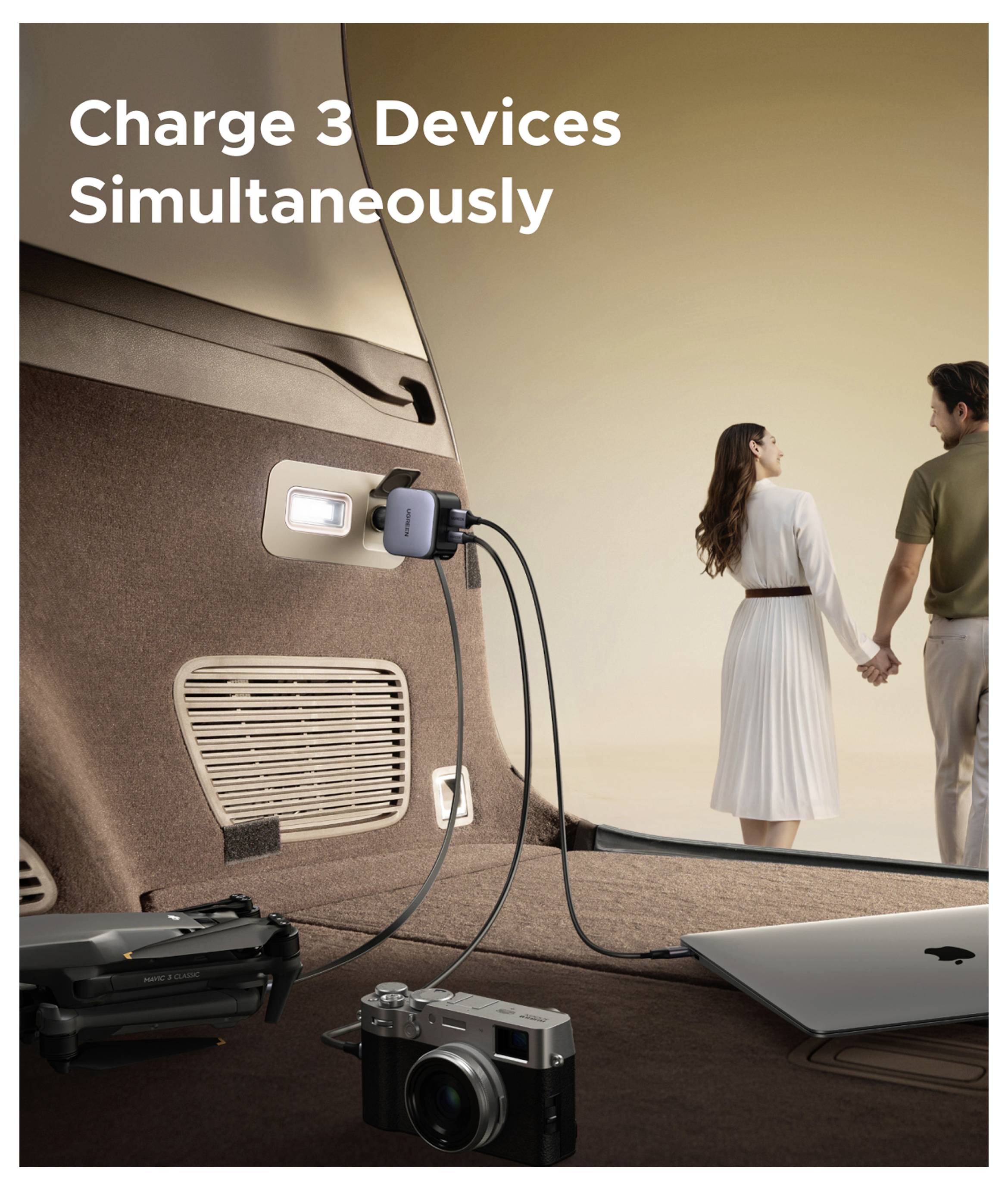 UGREEN EC603 90W Car Charger Autolader 90 W 2x USB-C, 1x USB-A Grijs Auto, Vrachtwagen Opwikkelbare USB-C-kabel-8