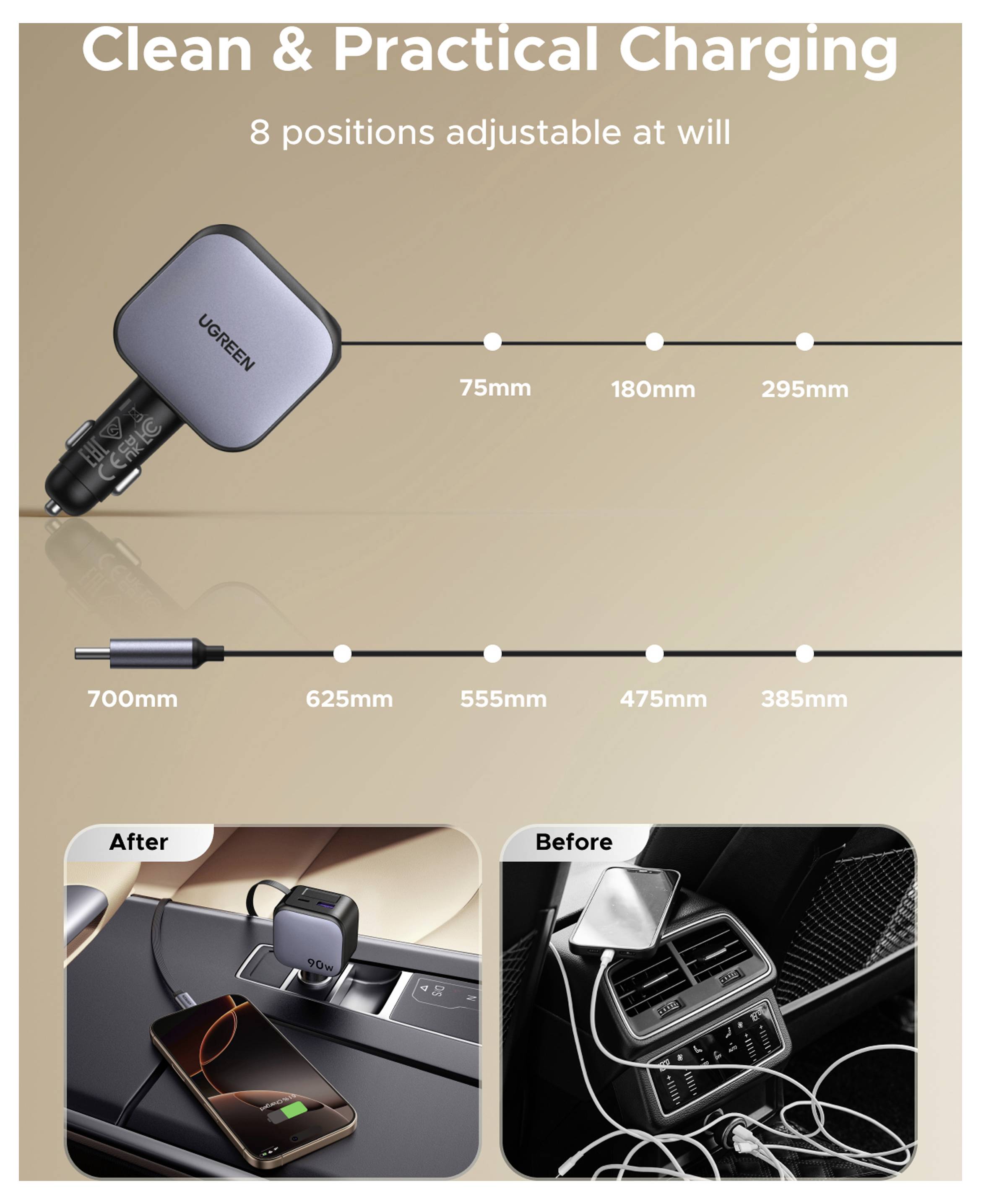 Promotioneel grafisch ontwerp van een UGREEN auto-oplader met 8 verstelbare posities en snoerlengtes van 75 mm tot 700 mm, waarbij nette 'Na' versus rommelige 'Voor' laadsetups in een auto worden vergeleken.