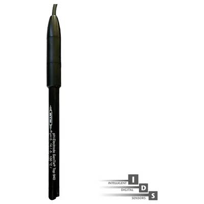 'Een zwarte pH-elektrode met een elegant ontwerp. Gelabeld als 'SenTix® Top 910', met specificaties waaronder pH 0 - 14 en temperatuurbereik 0 - 100 °C.'