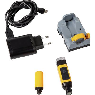 Elektronische apparaatcomponenten op een witte achtergrond. Inclusief een zwarte USB-kabel met stekker, een dock en twee kleine cilindrische onderdelen.
