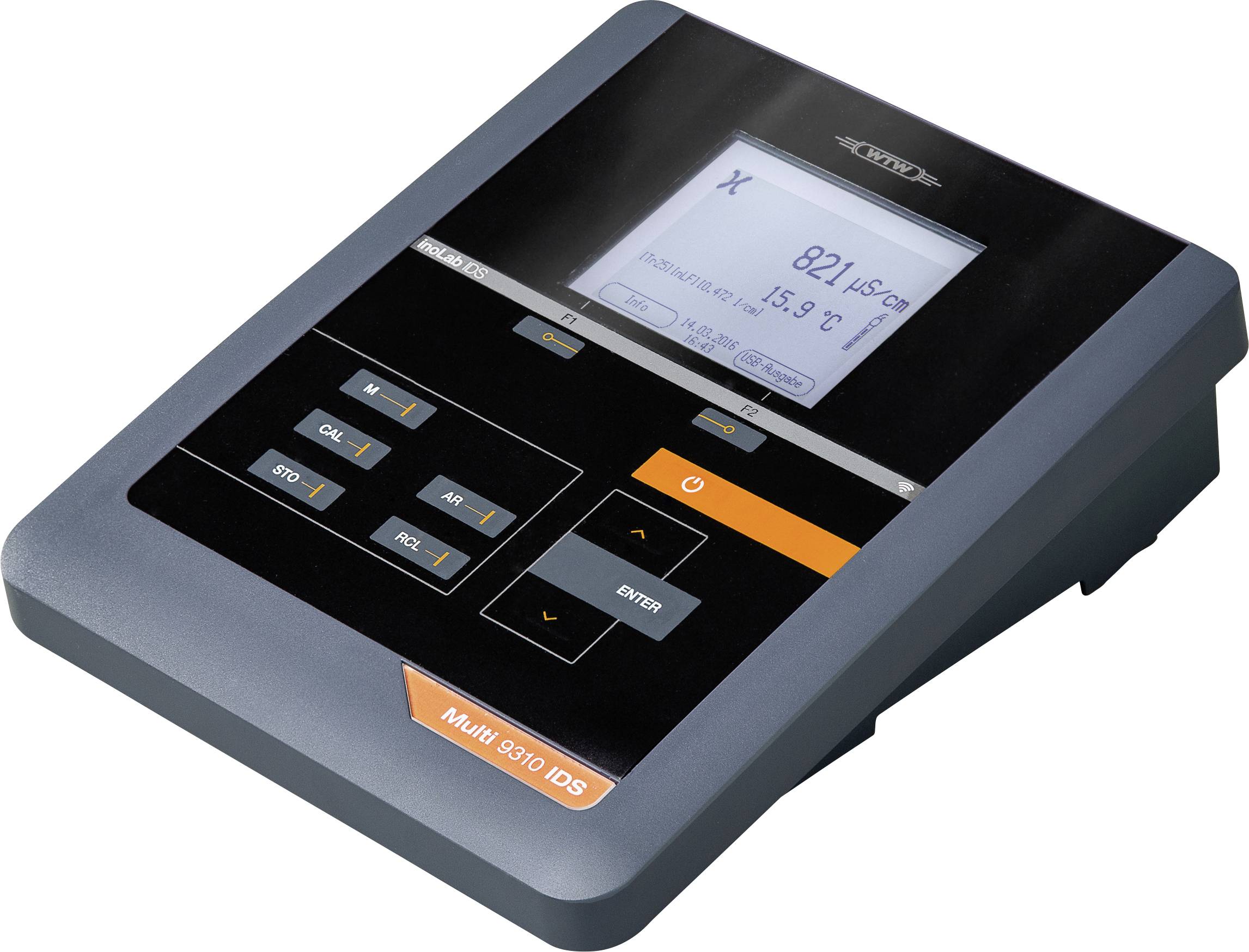 Een digitale meter met een aflezen van '821 μS/cm' en een temperatuur van '15.9°C'. Het apparaat heeft knoppen met labels 'CAL', 'SET', 'Min' en 'Max'.