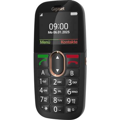 Een compacte mobiele telefoon met een numeriek toetsenbord, twee grote snelkiestoetstsen met het label 'A' en 'B', en een scherm dat de datum en het tijdstip weergeeft.