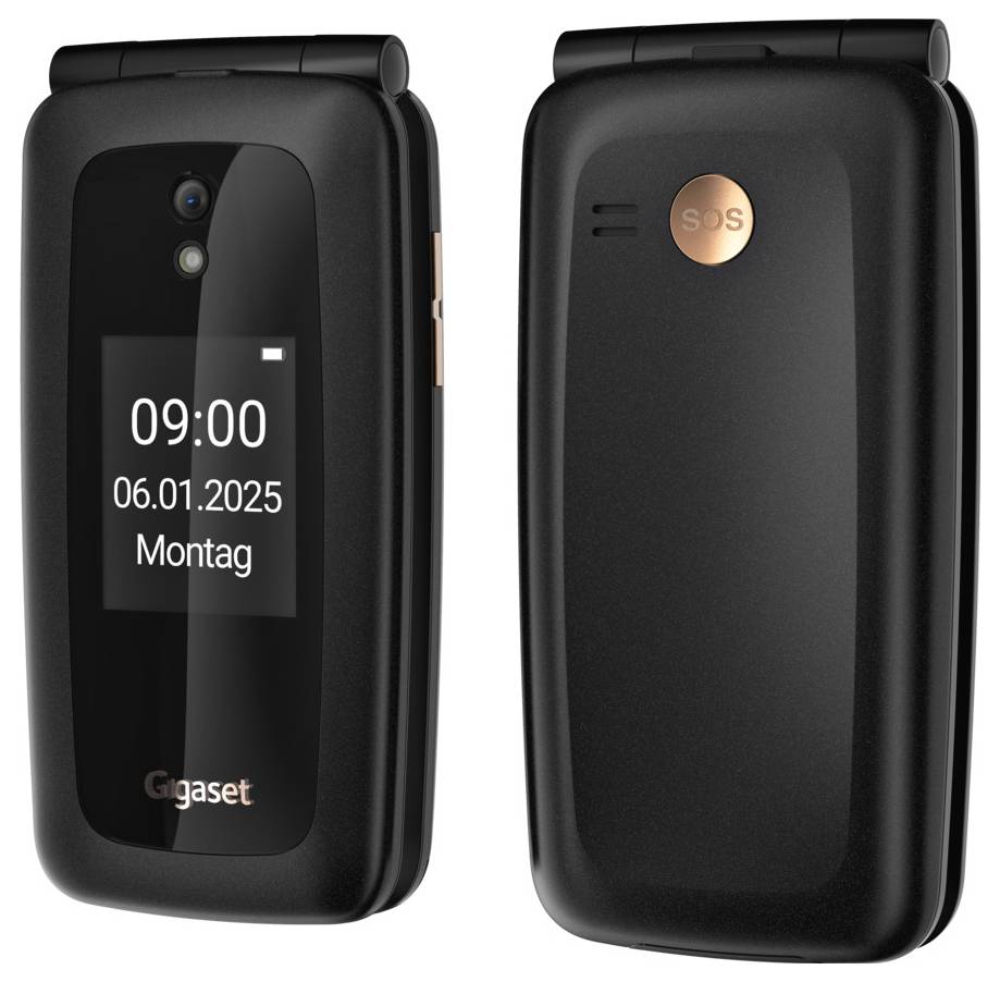 Voor- en achterzicht van een zwarte klaptelefoon. Het scherm aan de voorkant toont het tijdstip, de datum en de dag van de week. De achterkant is voorzien van een 'SOS'-knop.