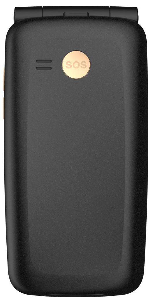 Een zwarte klaptelefoon die gesloten op een oppervlak rust, met een oranje 'SOS'-knop op de achterkant voor noodhulp.