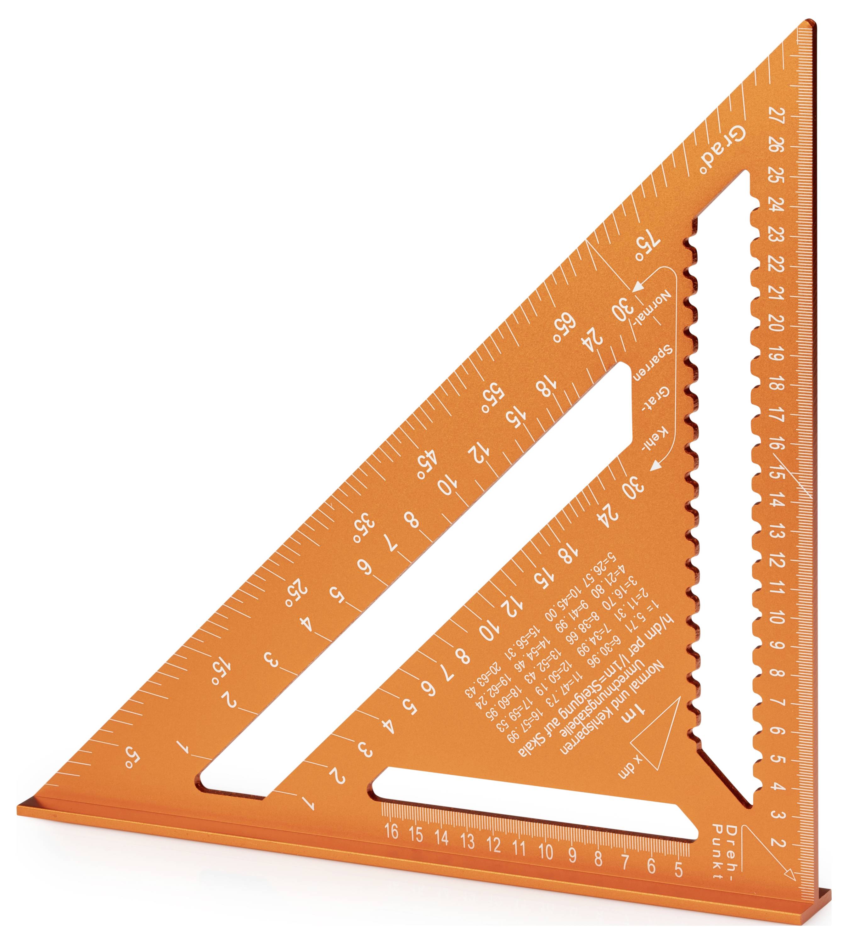 Een oranje driehoekige liniaal met meeteenheden en hoekgidsen, ontworpen voor technische tekeningen en constructietekenen.