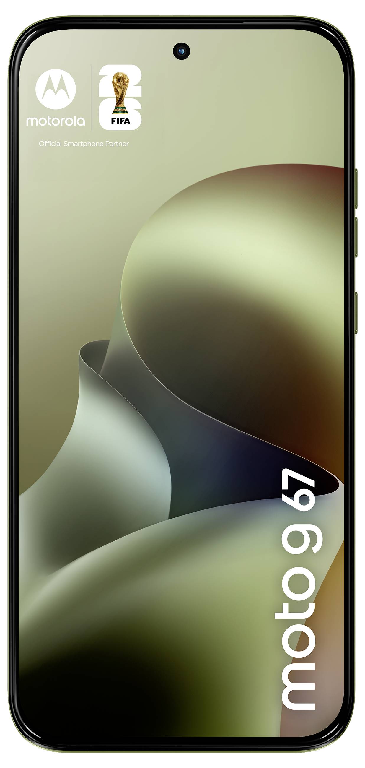 Een smartphone met een gebogen ontwerp toont het woord 'moto g7' rechtsboven. De Motorola- en FIFA-logo's zijn zichtbaar in de linkerbovenhoek.
