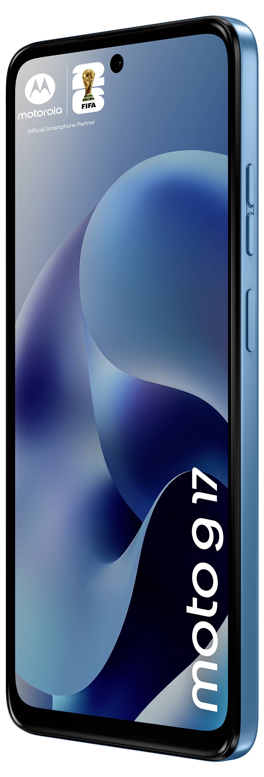 'Moto g17' smartphone met een voorwaarts gericht scherm dat een slanke, abstract blauw ontwerp toont. Merklogo's verschijnen in de bovenhoek.