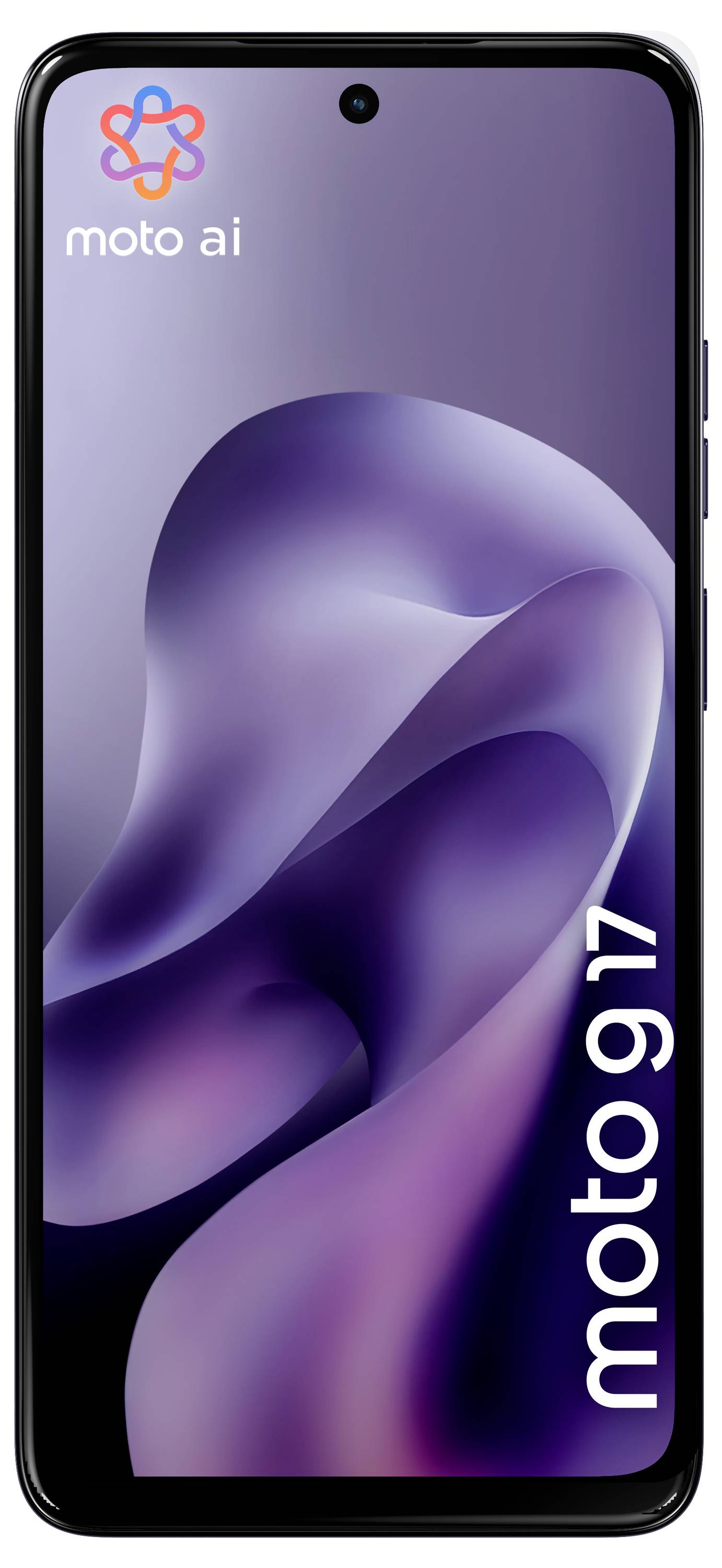 Moto AI-smartphone van voren getoond met paars abstract behang en verticale "moto g75"-branding op het scherm.