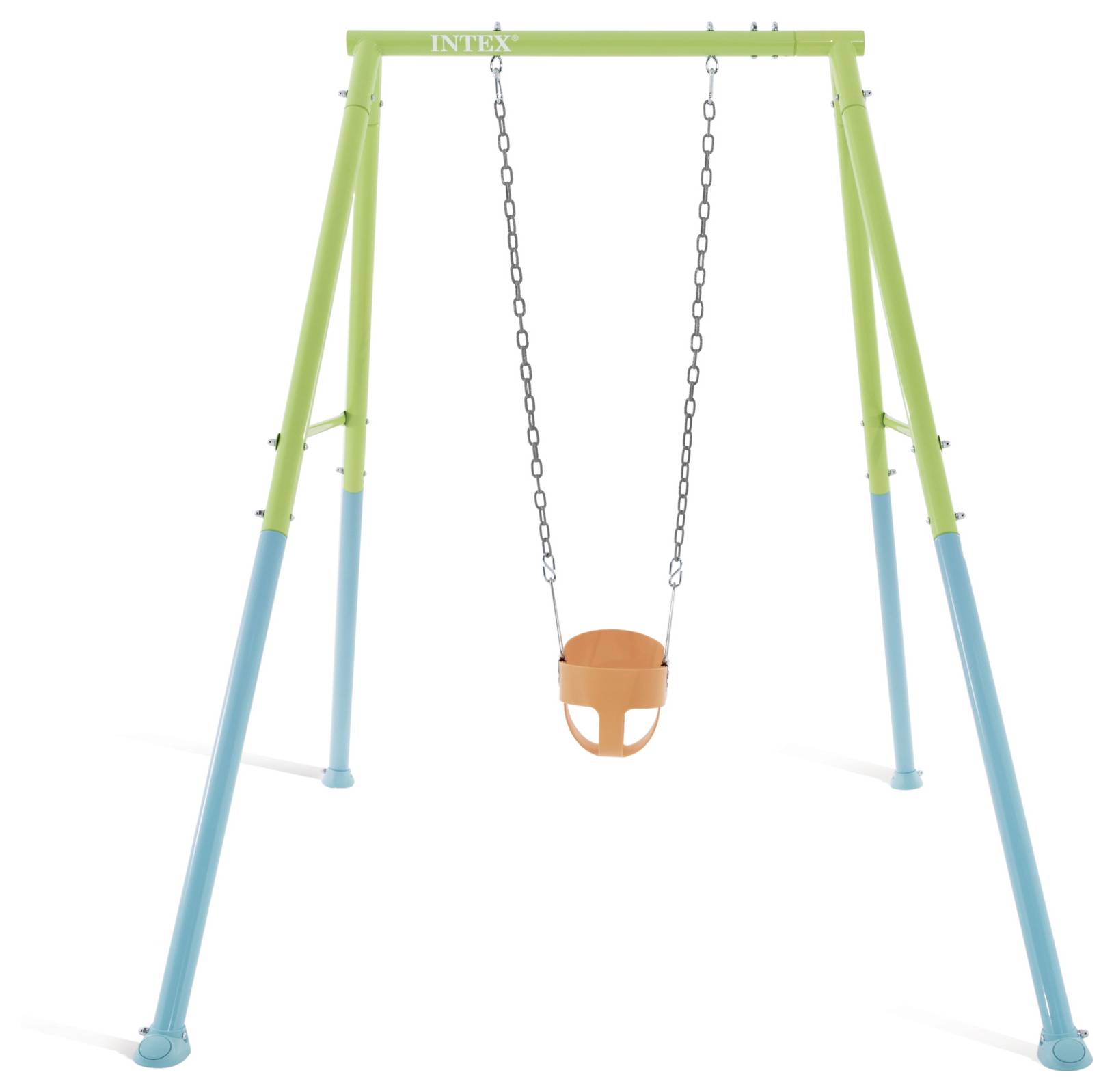 Een groen en blauw schommelrek met een oranje babyzitje, ontworpen voor jonge kinderen. Het zitje wordt opgehangen aan metalen kettingen.