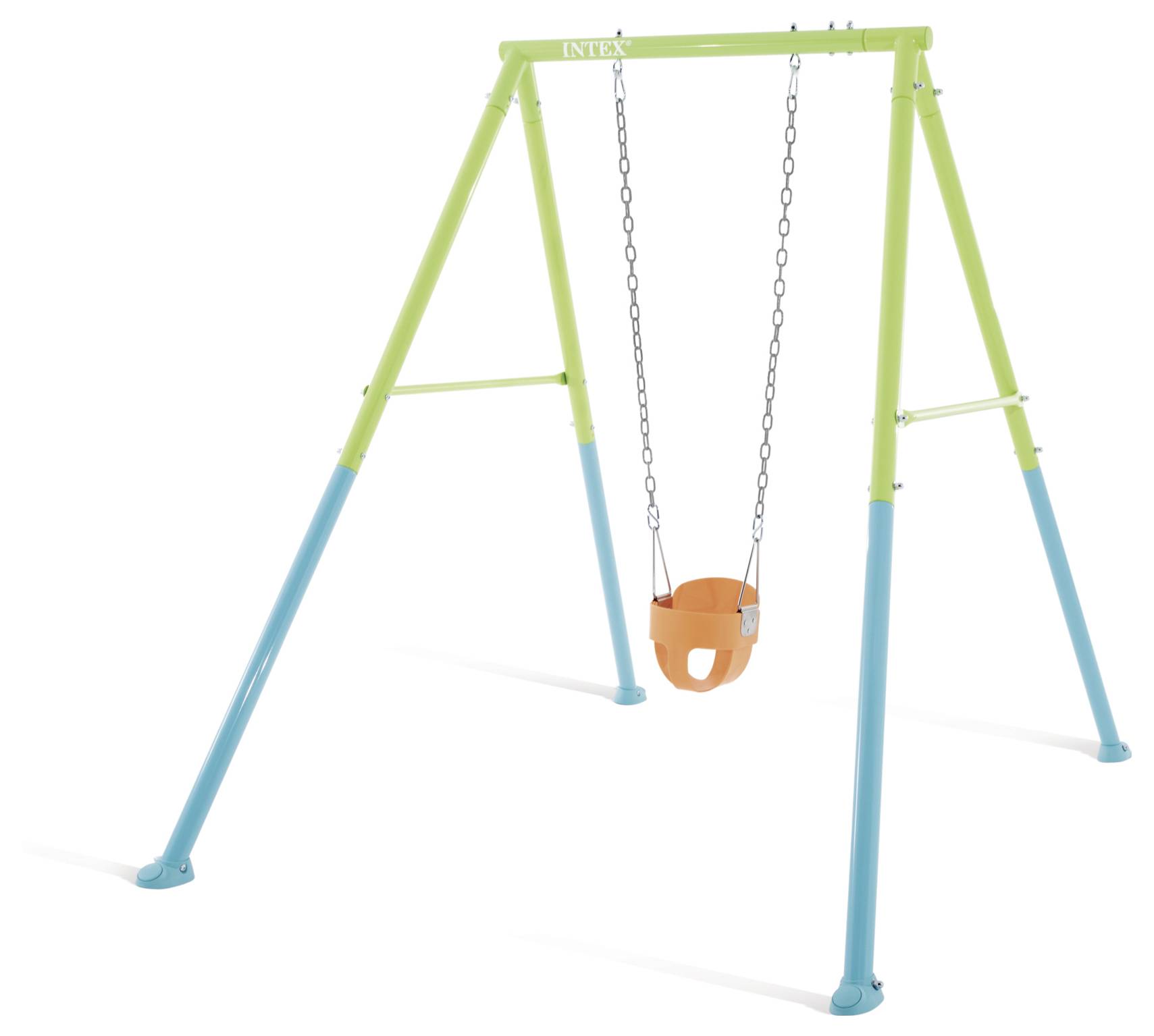 Een kinderschommel met een groen en blauw frame en een oranje zit.