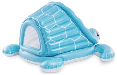 Een blauwe opblaasbare zwembadzwever in de vorm van een schildpad, met een gewelfde schaal met een maasopening, vinnen en een glimlachend gezicht.