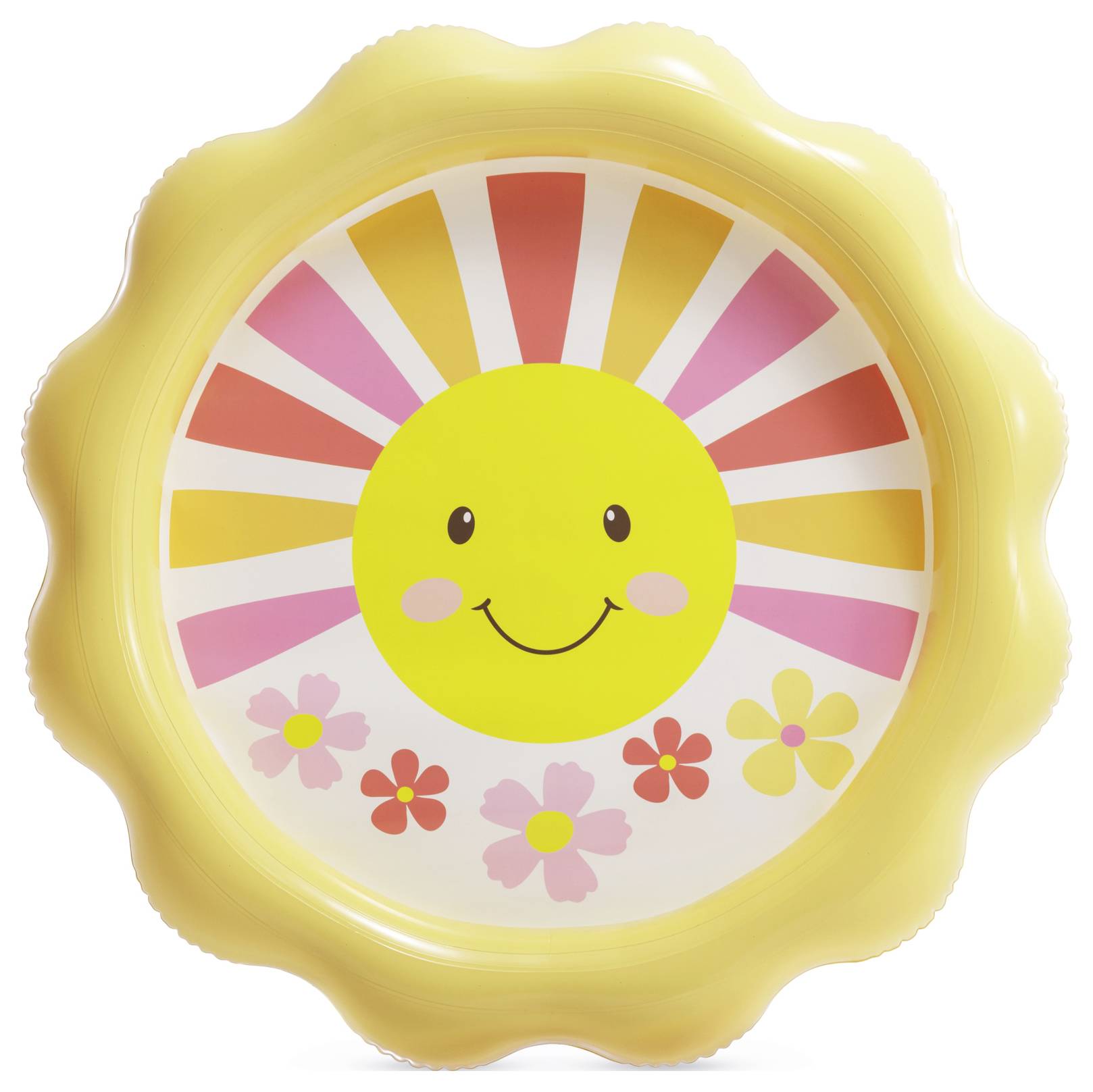 Een rond, vrolijk opblaasbaar zwembad met een lachend zonnegezicht en kleurrijke stralen in roze en oranje; bloemenpatroon aan de onderkant.