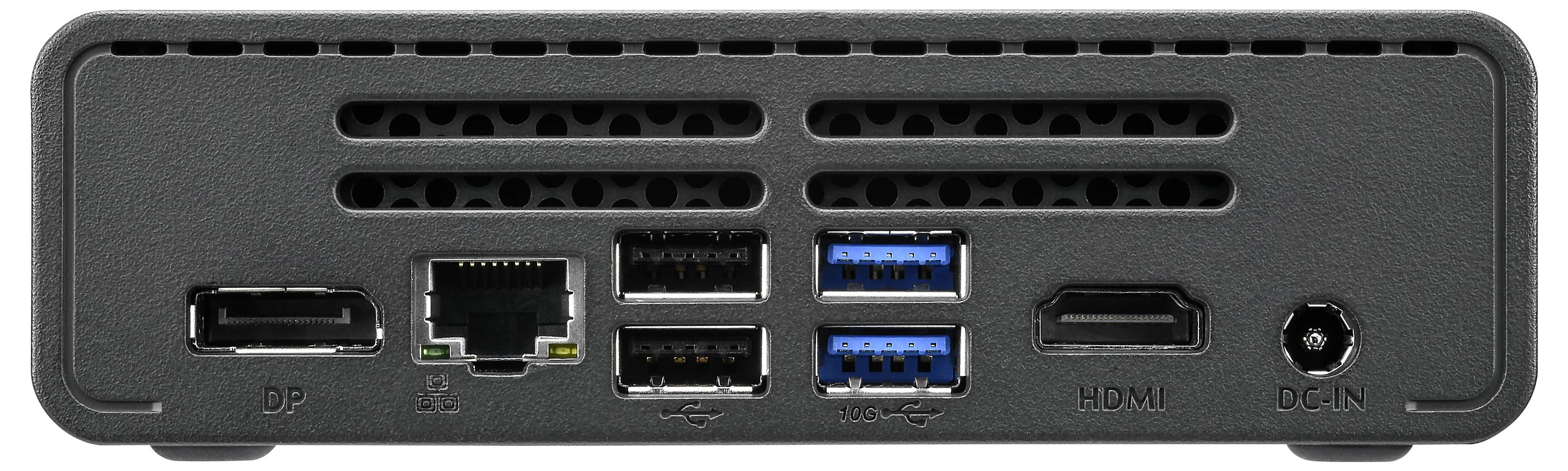 Achterkant van een compacte computer met verschillende aansluitingen: DisplayPort, Ethernet, meerdere USB-poorten, HDMI en DC-voedingsingang.