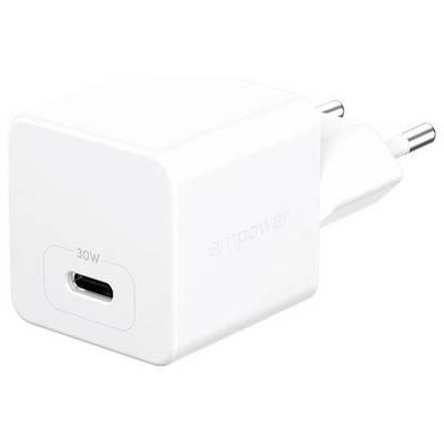 Een witte USB-C-stroomadapter met het label '30W' met een Europees stekkerontwerp dat geschikt is voor het opladen van apparaten.