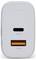 Een witte USB-wandoplader met twee poorten: een zwarte USB-C gelabeld '67W' en een oranje USB-A gelabeld '18W', onder de merknaam 'xtorm'.