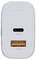 Een witte USB-wandlader met één USB-C-poort gelabeld '67W' en één USB-A-poort gelabeld '18W'.