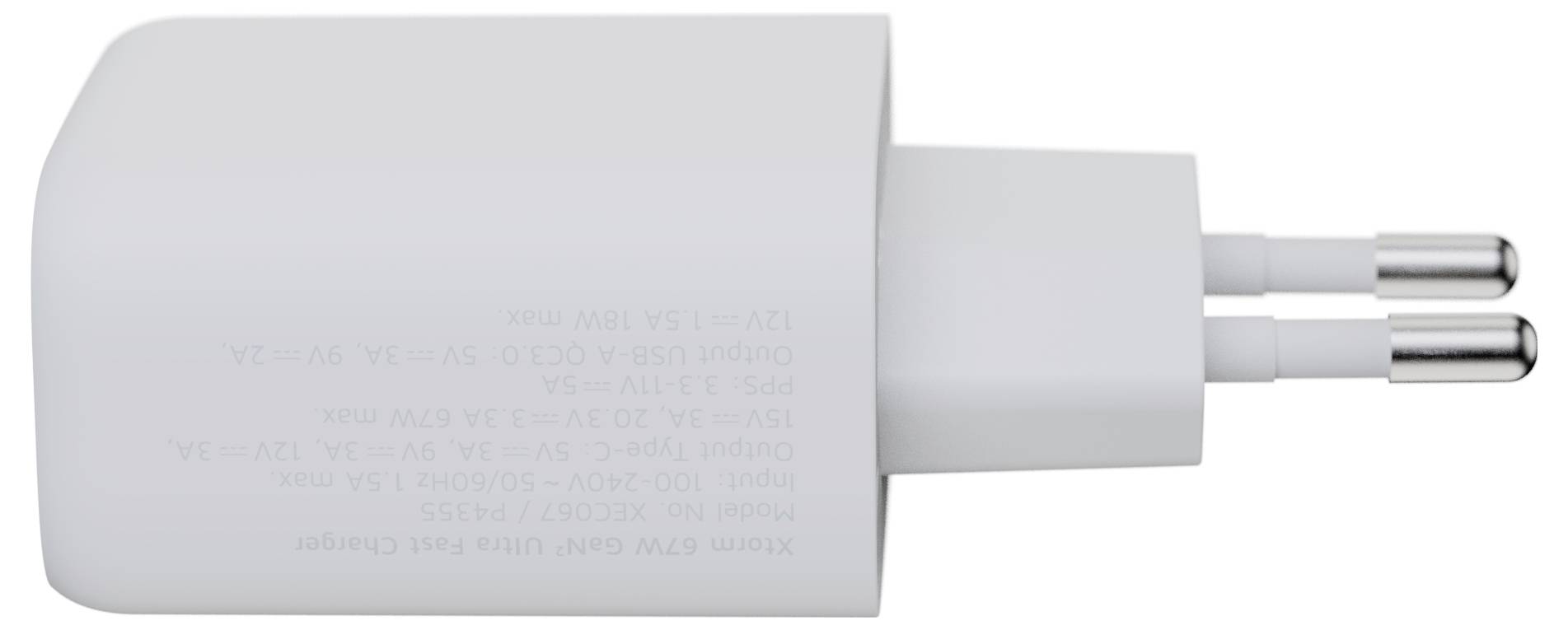 Een witte USB-wandlader met twee pinnen, gebruikt voor het aansluiten van een USB-kabel om elektronische apparaten op te laden.