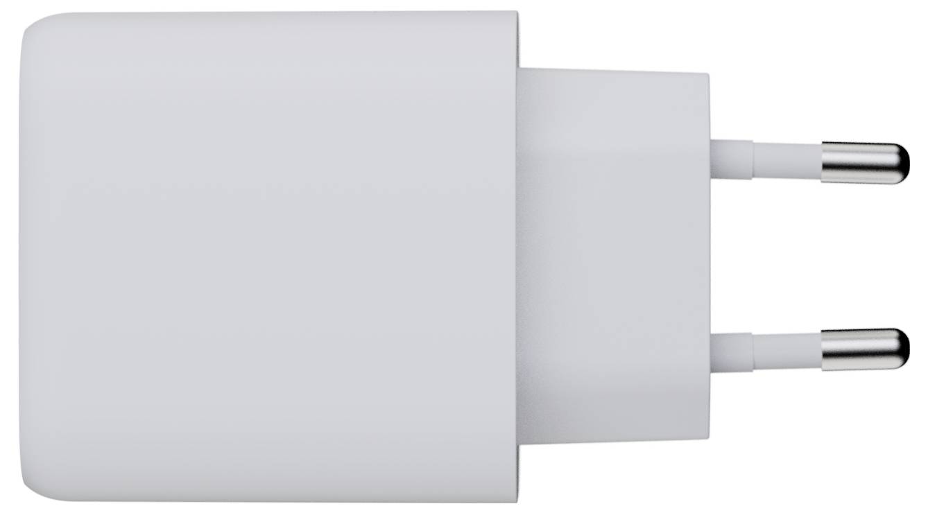 Een witte USB-stroomadapter met twee ronde pennen voor Europese stopcontacten wordt getoond tegen een eenvoudige achtergrond.