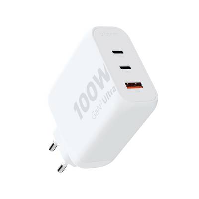Een witte GaN-lader met het label '100W GaN Ultra', voorzien van twee USB-C-poorten en één USB-A-poort, ontworpen voor efficiënt laden.
