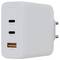 Een witte USB-wandlader met twee USB-C-poorten gelabeld '100W' en één USB-A-poort gelabeld '30W'.