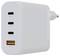 Een witte oplaadapter met drie USB-C-poorten gelabeld '140W', '140W', '20W' en één USB-A-poort gelabeld '18W'.