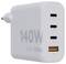 Een witte 140W GaN² Ultra-lader met drie USB-C-poorten gelabeld 140W, 140W en 20W, plus één USB-A-poort gelabeld 18W.