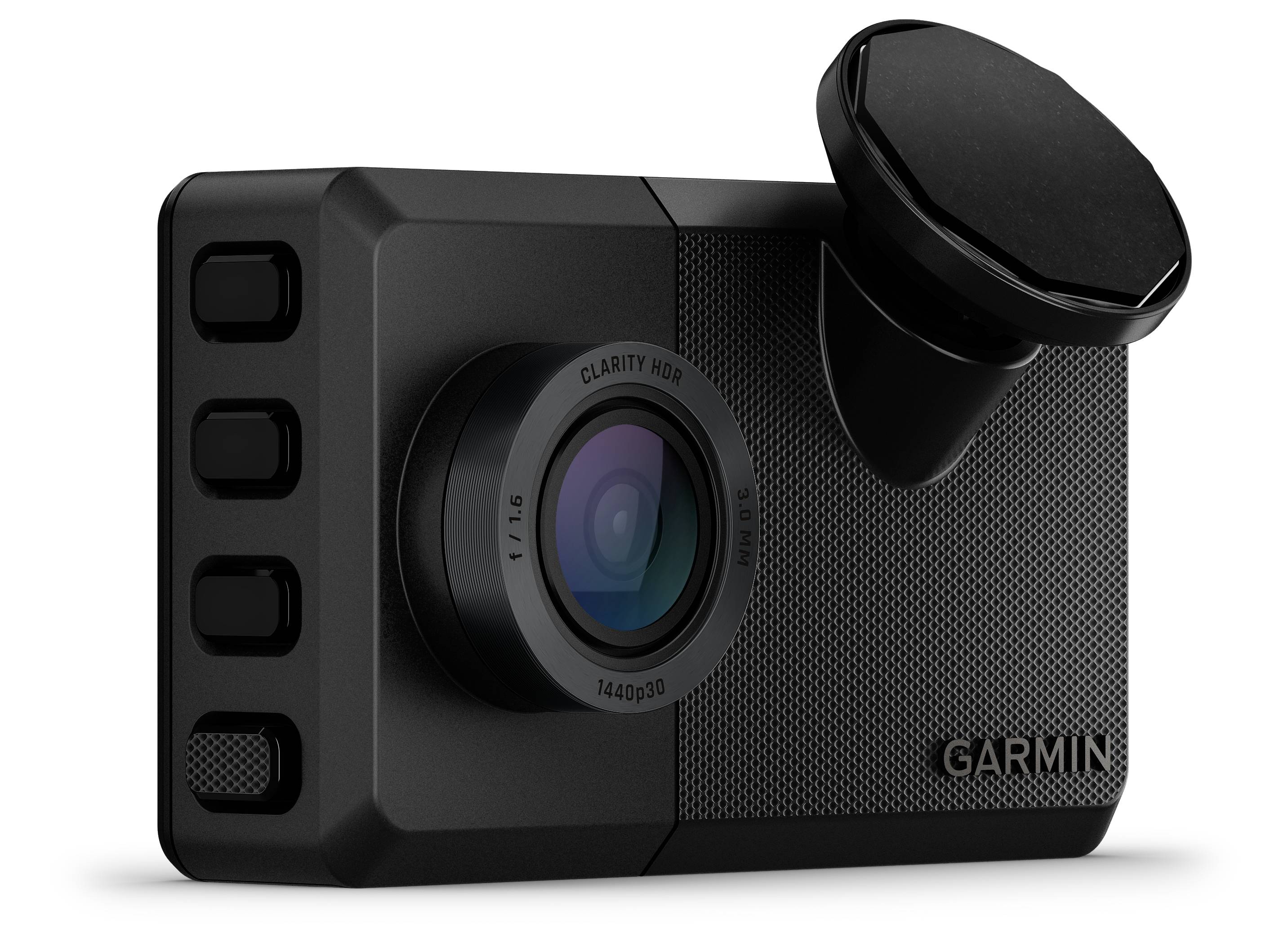 Dashcam met een groothoeklens, vier zijknoppen en een zuignapbevestiging, met het 'Garmin'-logo op de voorkant.