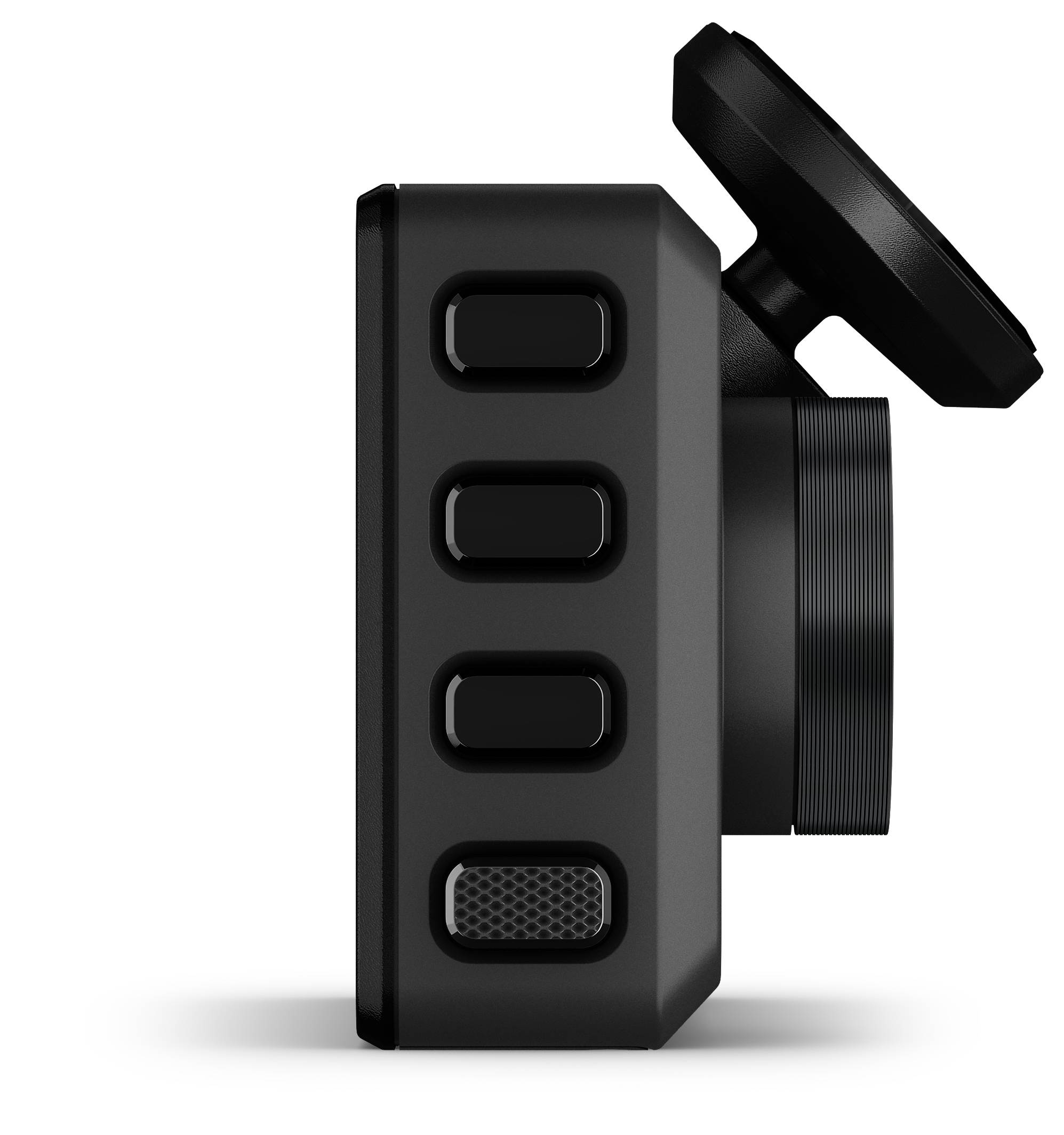 Een zwarte actioncamera met zijknoppen en een lensinstellingshoek-indicator op het bovenaanzicht, gekanteld om een zijkant van het slanke ontwerp te tonen.