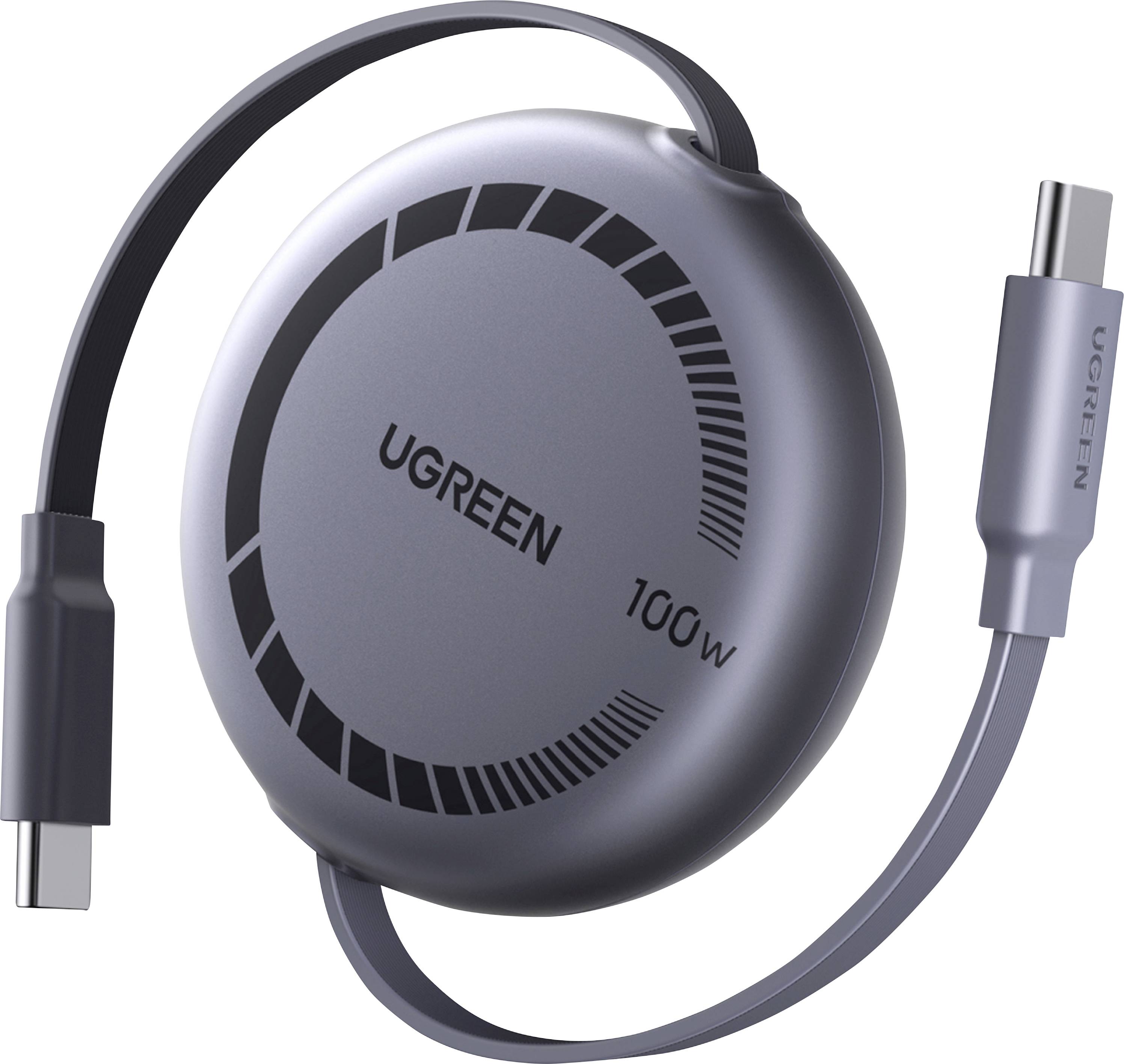 UGREEN 100W insteekbare USB-C-oplaadkabel met ingebouwde spoel en twee USB-C-aansluitingen, weergegeven op een witte achtergrond.