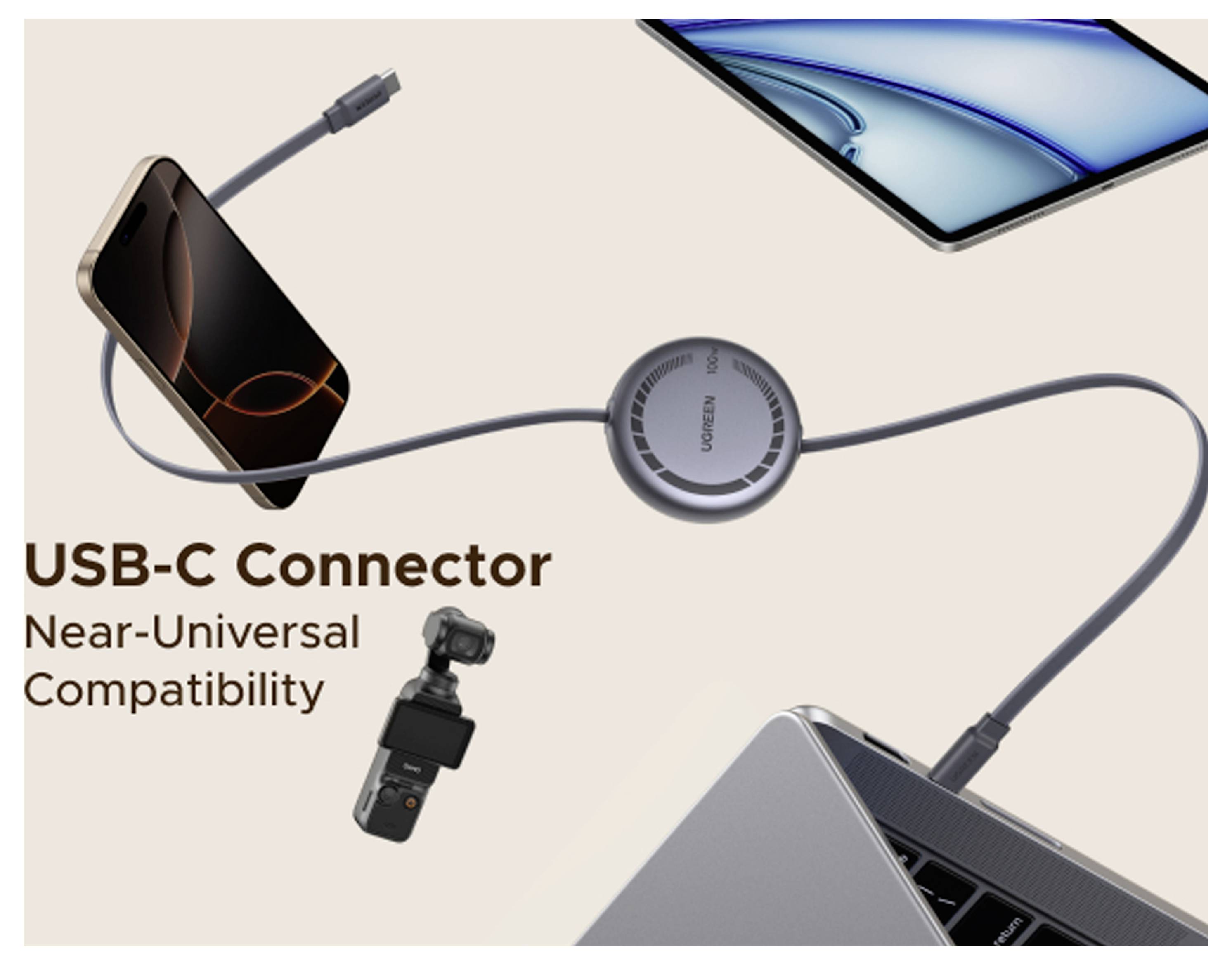 Afbeelding van een USB-C-kabel die een telefoon en laptop verbindt, gelabeld als 'USB-C-connector' en 'Bijna universele compatibiliteit'.