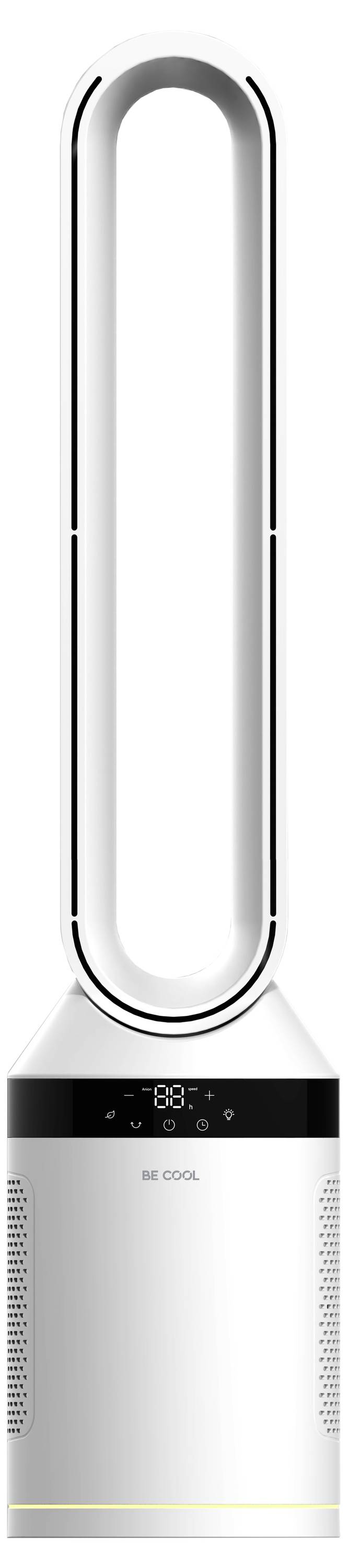 Een slanke, moderne bladenloze torenventilator met een ovaal ontwerp, die een temperatuurweergave op zijn digitale scherm toont.