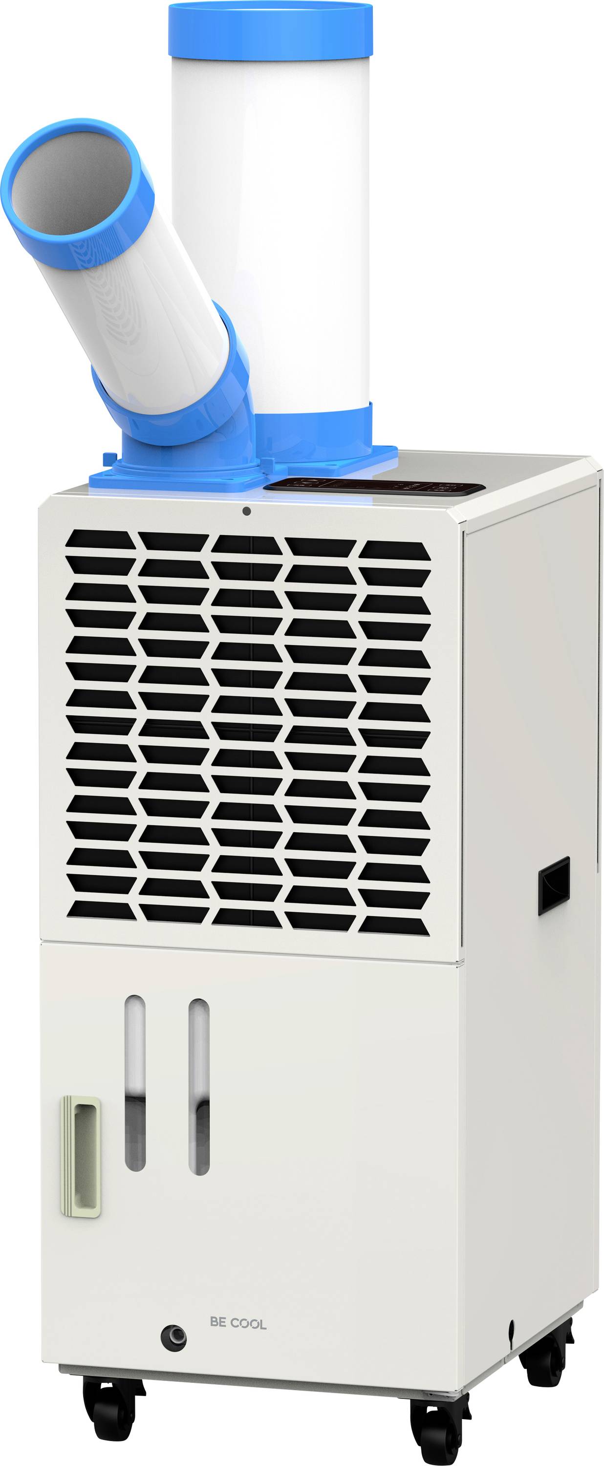 Draagbare airconditioner met twee buizen die aan de bovenkant uitkomen, voorzien van een digitaal bedieningspaneel. Ontworpen voor efficiënte koeling in kleine ruimtes.