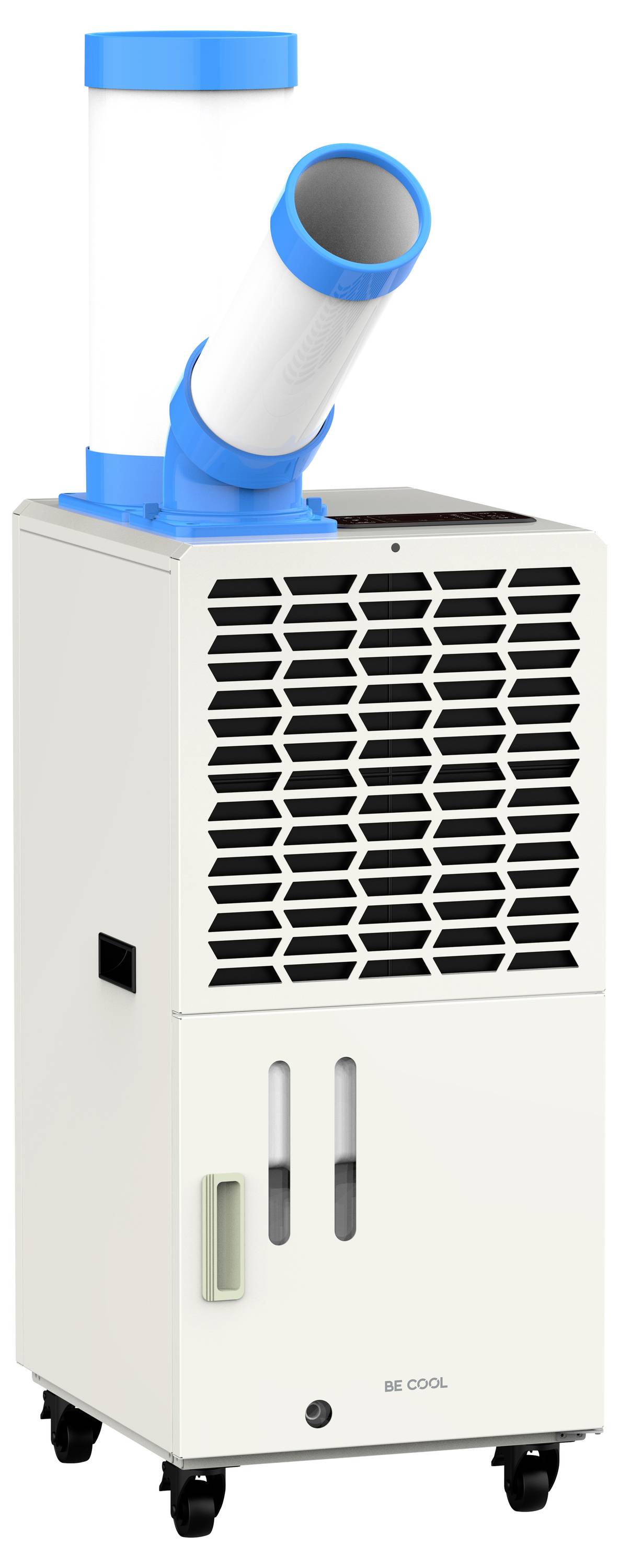 Draagbare airconditioner met een grote uitlaatpijp bovenaan, zeshoekige ventilatorontwerp, en wielen aan de basis voor gemakkelijke mobiliteit.