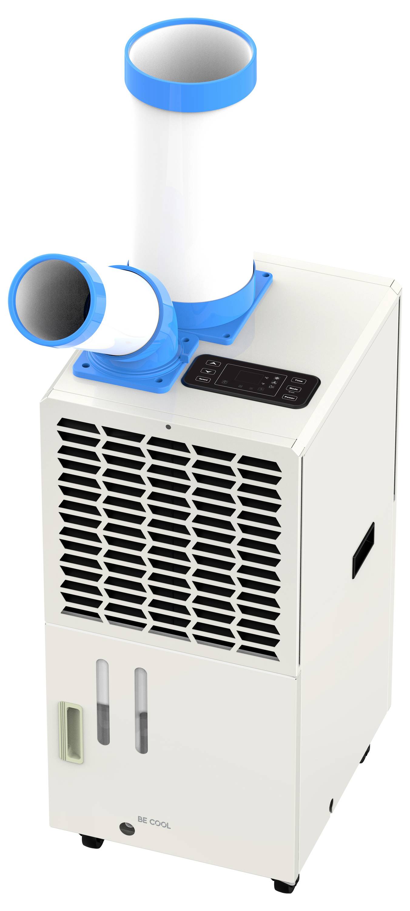 Een draagbare airconditioner met twee blauwe uitlaatopeningen, digitaal bedieningspaneel en een watertank aan de onderkant, gemonteerd op wielen.