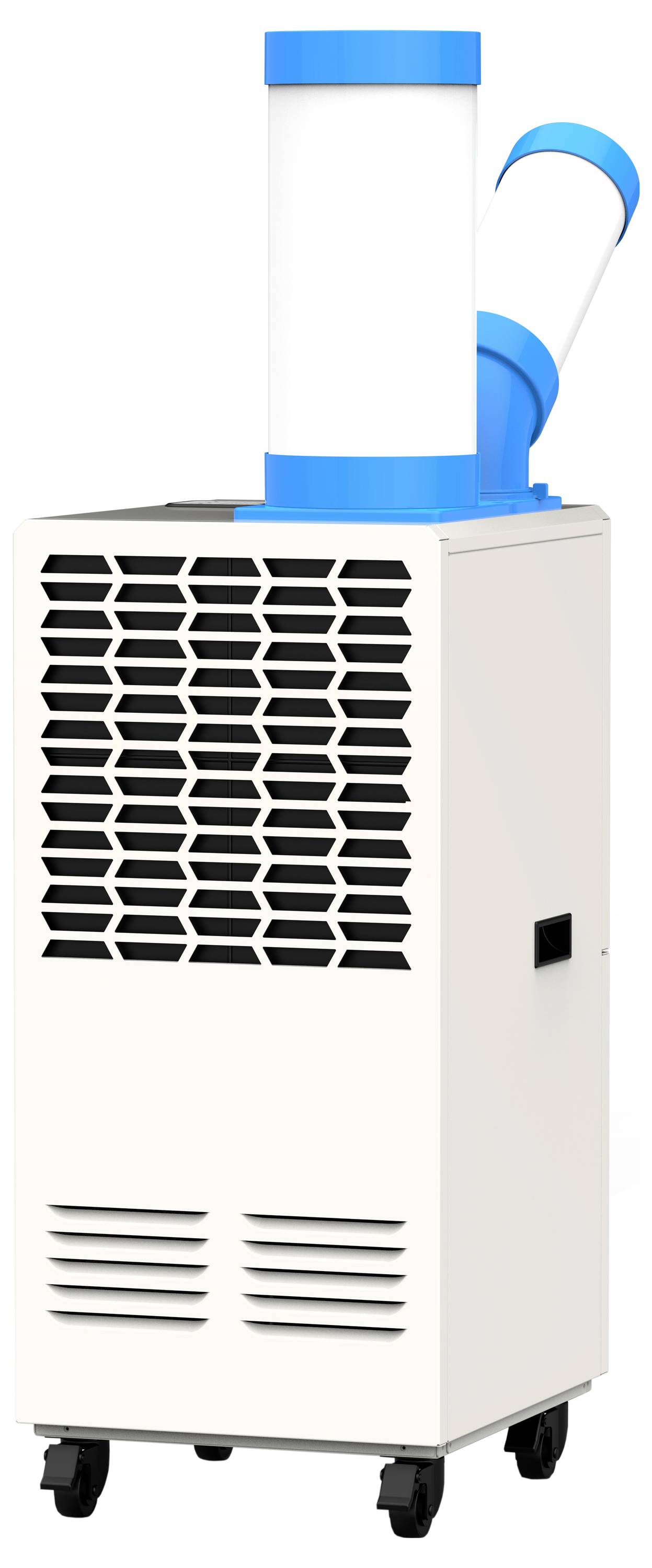 Een draagbare witte airconditioner op wielen met een blauwe uitlaatbuis. Geschikt voor het koelen van kleine ruimten.