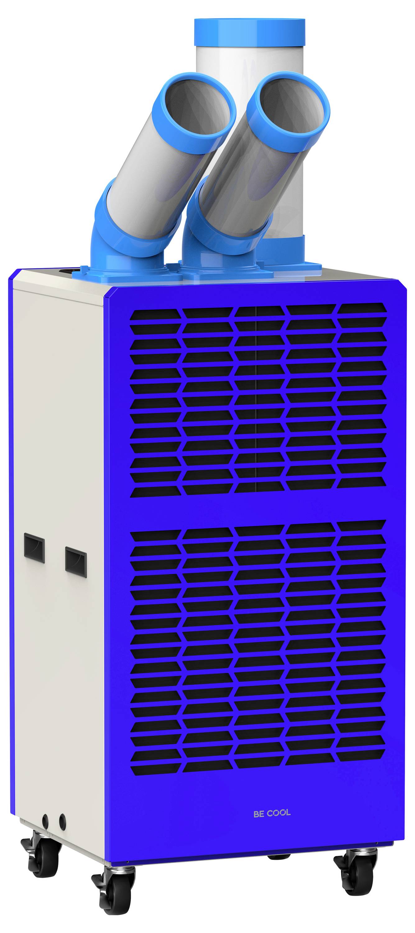Een draagbare airconditioningunit met twee grote uitlaatpijpen bovenop, uitgevoerd in blauw en wit, op wielen voor gemakkelijke mobiliteit.
