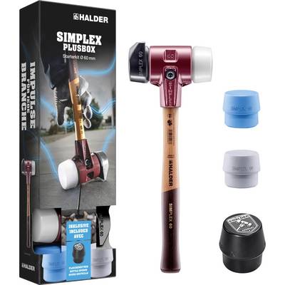 'Simplex PlusBox' starterset, met een hamer met verwisselbare koppen. Inclusief blauwe, grijze en zwarte deksels voor verschillende toepassingen.