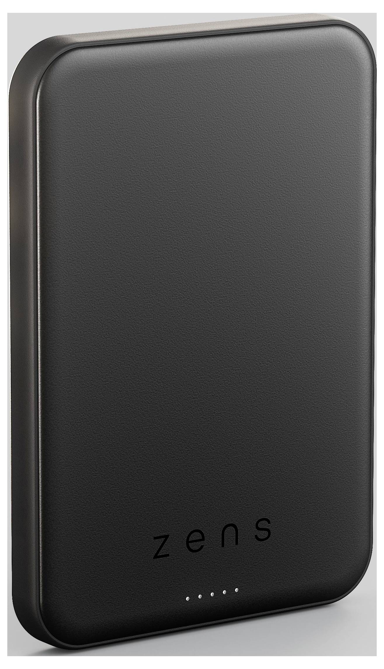 Zwart Zens draadloos oplaadpad met afgeronde hoeken, gemerkt met 'zens' onderaan en vijf kleine indicatorlampjes.