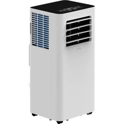 Een draagbare airconditioner met een digitaal display bovenop, voorzijde georiënteerde ventilatieopeningen en zijdelingse luchtinlaat; hij staat rechtop en heeft wielen.