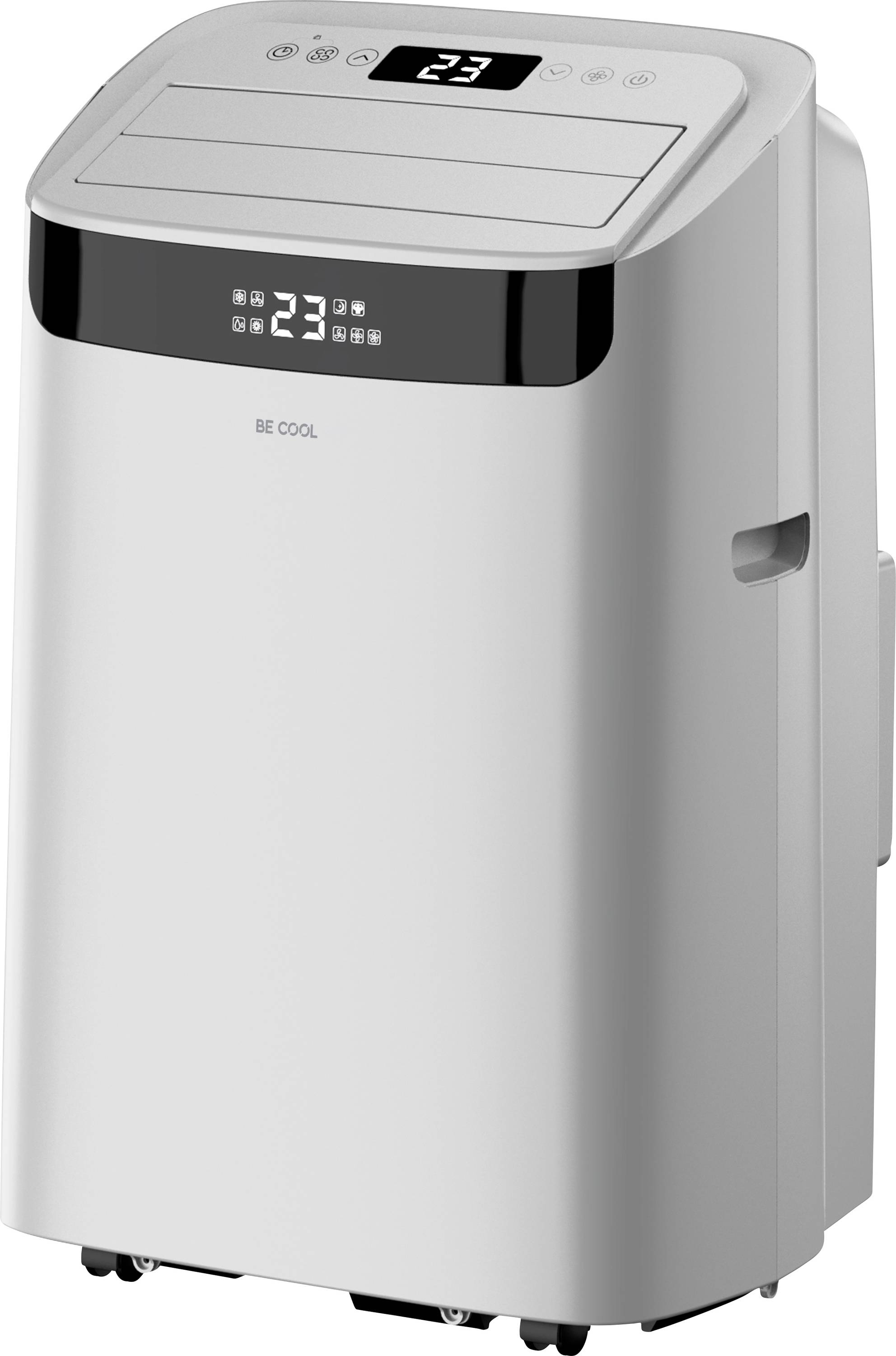 Een draagbare airconditioner met digitaal display dat '23' toont. Het heeft bedieningsknoppen bovenop voor stroomvoorziening, modus en ventilatoreninstellingen.