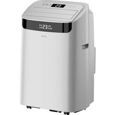 Een draagbare airconditioner met digitaal display dat '23' toont. Het heeft bedieningsknoppen bovenop voor stroomvoorziening, modus en ventilatoreninstellingen.